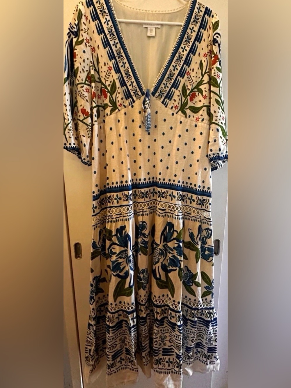 House of Harlow 1960 Cream Dress with Navy & Green Floral Print Fall Western